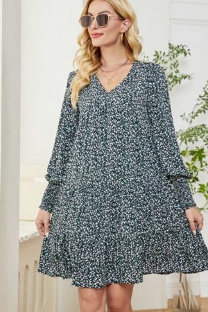 Ditsy Floral Print Princess Sleeves Ruffles Hem Dr
