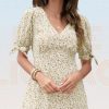 Ditsy Floral Print Puff Sleeve Bow V-Neck Dress Wo