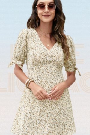 Ditsy Floral Print Puff Sleeve Bow V-Neck Dress Wo