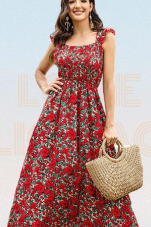 Ditsy Floral Print Shirred Flared Hem Dress Summer