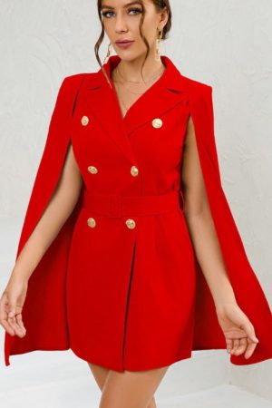 Double Breasted Belted Lapel Collar Blazer Dress W