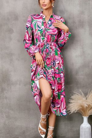 Dress Women Half Button Pleated Hem Belted Dress L