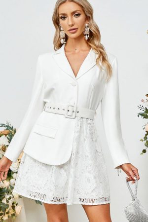 Elegant Belt Lace Office Blazer Dress Women Pocket