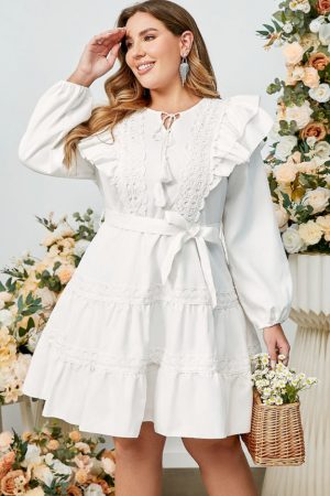 Elegant Long Sleeve Lace Plus Size Mini Dress Wome
