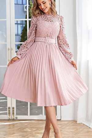 Elegant Pink Mid Dress Women Long Sleeves Hollow O