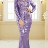 Elegant Purple Sequin Evening Dress V-Neck Long Sl