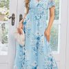 Elegant Women Light Blue Floral Printed Dress V-Ne