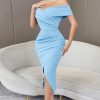 Elegant Women's Summer Sky Blue Midi Dress Off Sho
