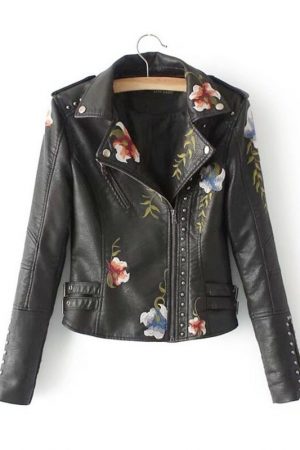 Embroidery Faux Leather Pu Jacket Women Spring Aut