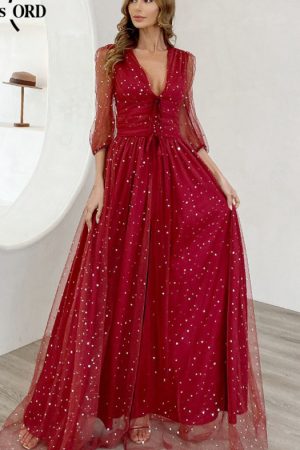 Evening Party Dress Women Deep V Neck Female Half