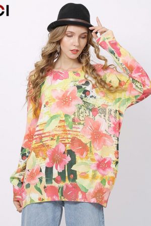 Fashion Pink Flowers Print Sweater Tops For Women