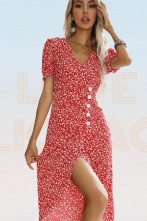Fashion Red Printing Chiffon Dress Summer Floral R