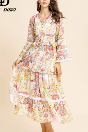 Fashion Runway Autumn Winter Dress Women's V Neck