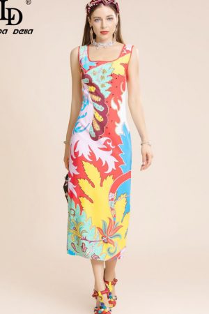 Fashion Runway Summer Dress Women Square Collar Lu