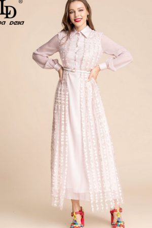 Fashion Runway Summer Dress Women Turn-Down Collar