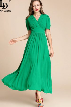 Fashion Runway Summer Dress Women's V-Neck Puff Sl