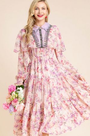 Fashion Runway Summer Midi Dress Women Turn-Down C