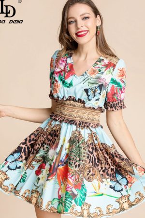 Fashion Runway Summer Mini Dress Women's V-Neck Bu