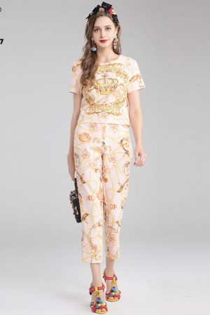 Fashion Runway Summer Pants Suit Women's Beading S