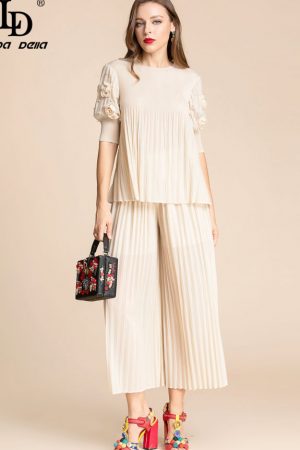 Fashion Runway Summer Pants Suit Women's O-Neck Pu