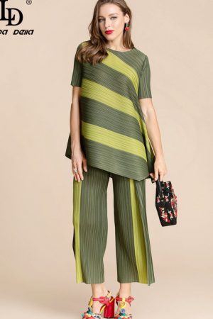 Fashion Runway Summer Pants Suit Women's O-Neck Sh