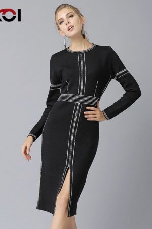 Fashion Women Spring Black Sweaters Dresses Long S