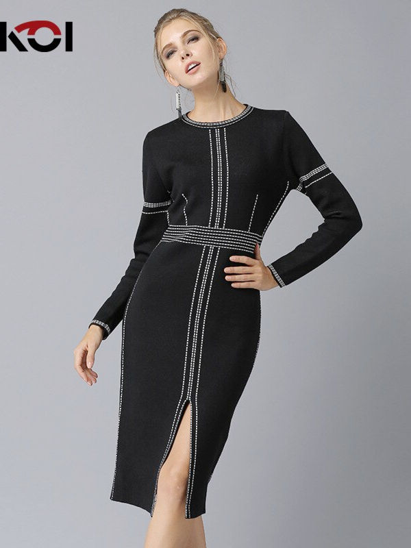 Fashion Women Spring Black Sweaters Dresses Long S