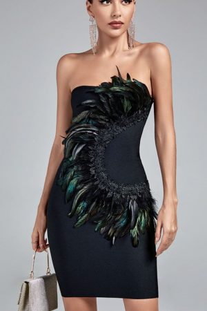 Feather Lace Green Bodycon Dress Evening Party Ele