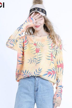Female Knitted Pullover Loose Winter Flowers Print