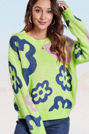Floral Pattern Jacquard Drop-Shoulder Knitted Swea