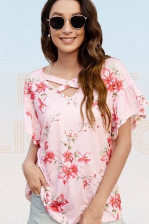 Floral Print Criss Cross Front V-Neck Butterfly Sl