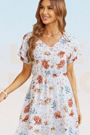 Floral Print Short Sleeve Flared Hem Dress Summer