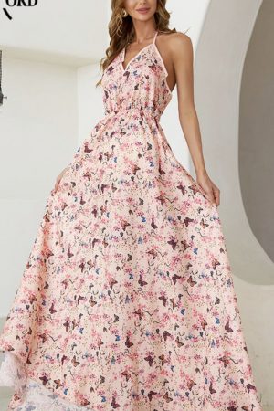 Floral Print Tie Backless Slip Maxi Dress Women Fa