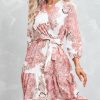 Floral Print V-Neck Belt Front Knot Flared Hem Dre