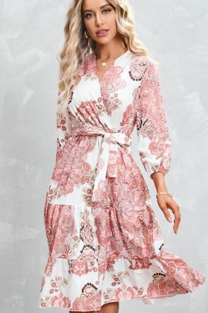 Floral Print V-Neck Belt Front Knot Flared Hem Dre