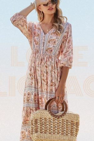 Floral V-Neck Bishop Sleeve A-Line Dress Summer Hi