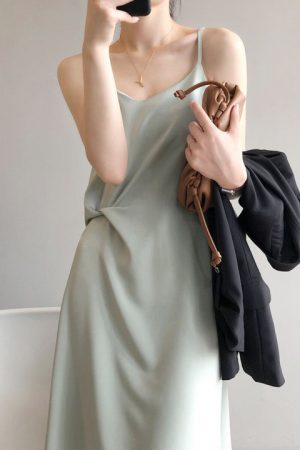 French Satin Summer Autumn Dress Drawstring Spaghe