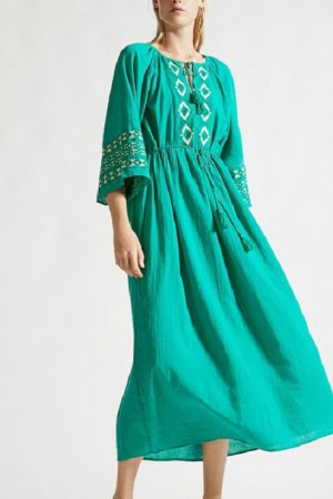 Green Bohemian Printed Lace Up High Waist Fit And