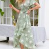 Green Print Llared Sleeve A-Line Dress Summer Boho