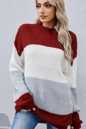 Grey & White Striped Sweater Women Drop Shoulder S