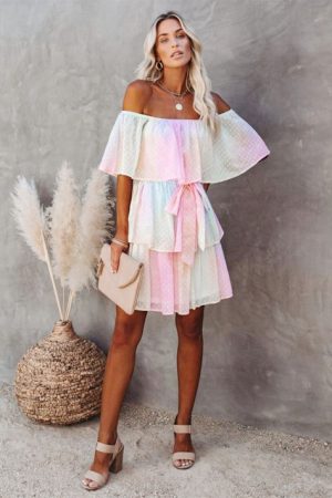 High Quality Bohemian Rainbow Slash Neck High Wais