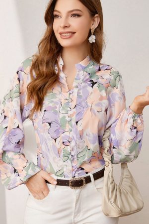 Holiday Buttons Lantern Sleeves Printed Women Shir