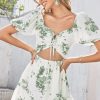 Hollow Out Puff Sleeve Lace Up Print Green Corset