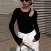 In Women T Shirt Cut Out Long Sleeve Slim Fitted C