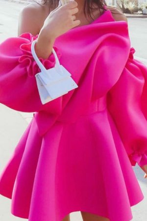 Irregular Neck Mini Dresses Puff Sleeve Women Summ
