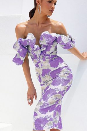 Jacquard Party Dress Women Purple Bodycon Dress El