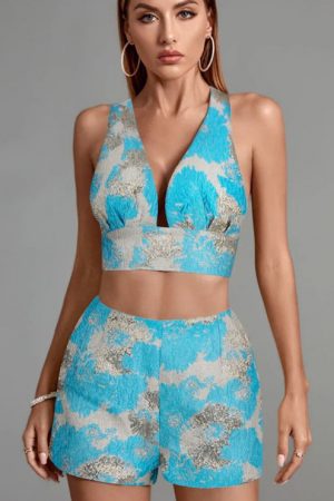 Jacquard Plunge Two Piece Set Top And Shorts Women