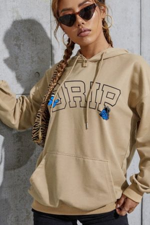 Khaki Hoodies Women Front Letter Print With Kangar
