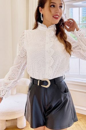 Lace Hollow Out Women Casual Long Sleeves Shirts O