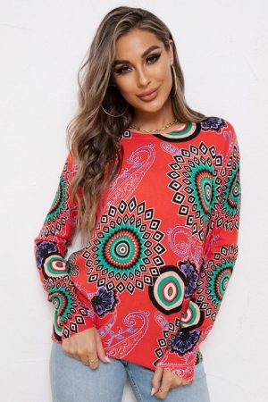Ladies Autumn Winter Print Knitted Loose Sweater W